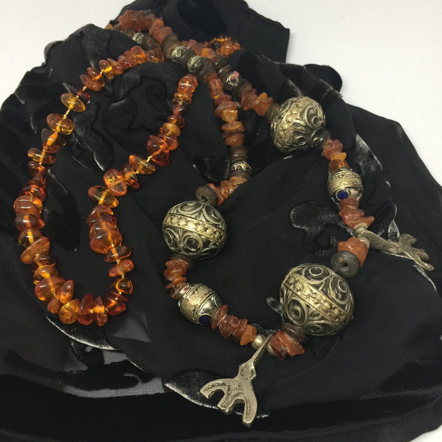 Necklace of natural amber with vintage Moroccan beads